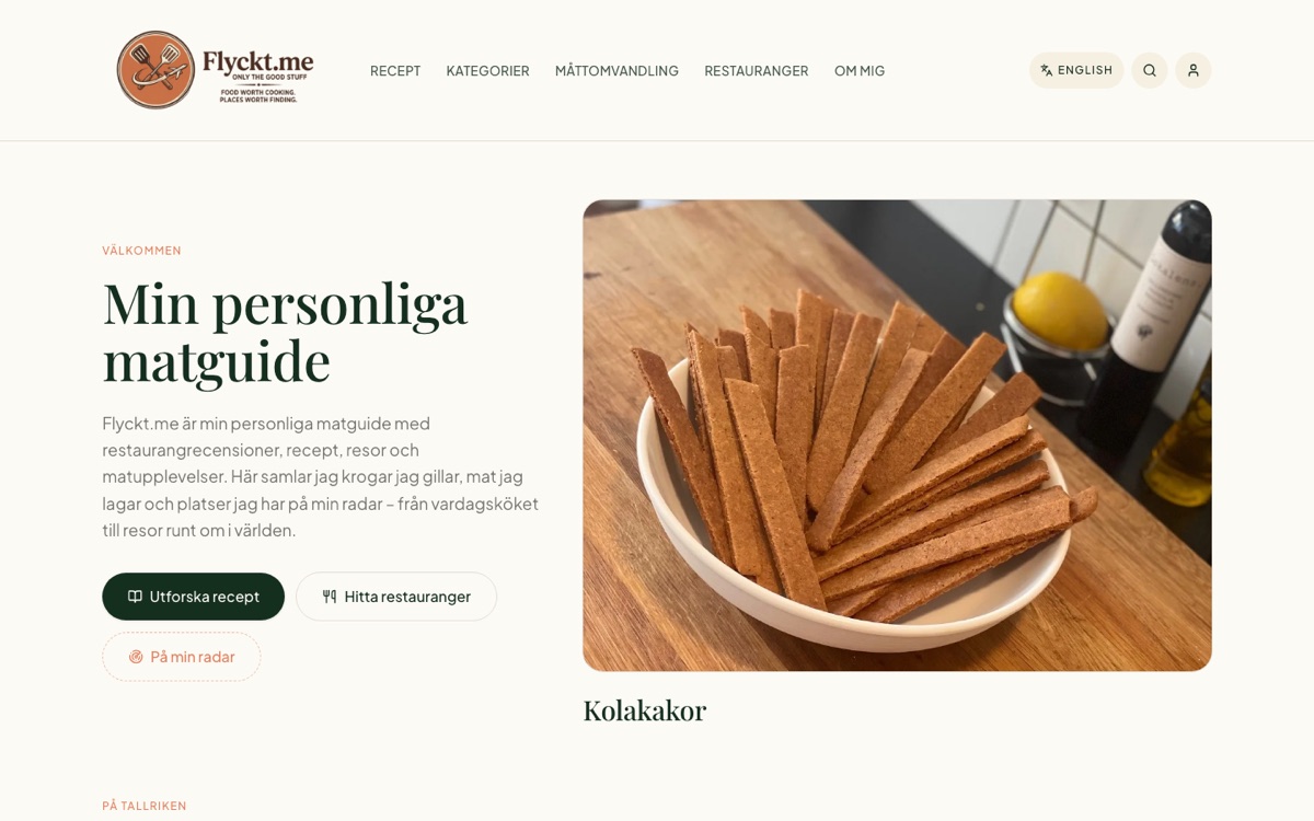 Startsidan för flyckt.me med receptet Kolakakor