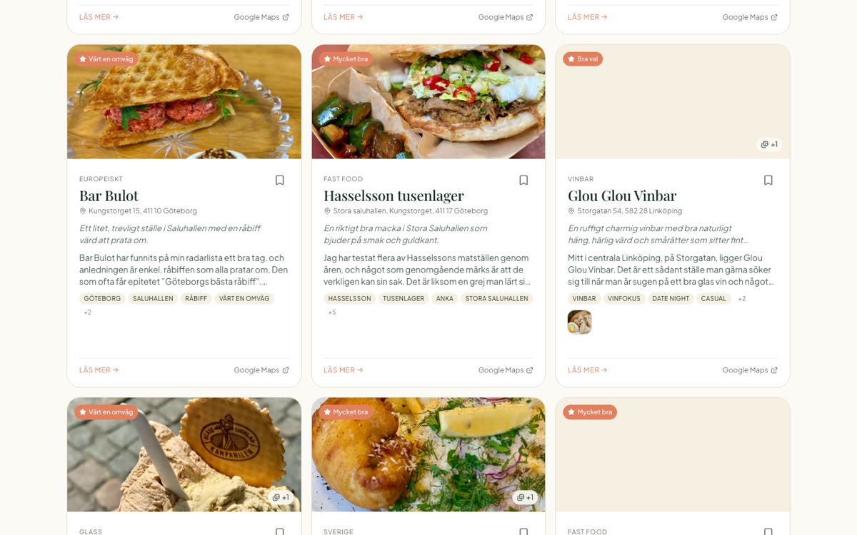 Restauranglistan på flyckt.me med länkar till Google Maps