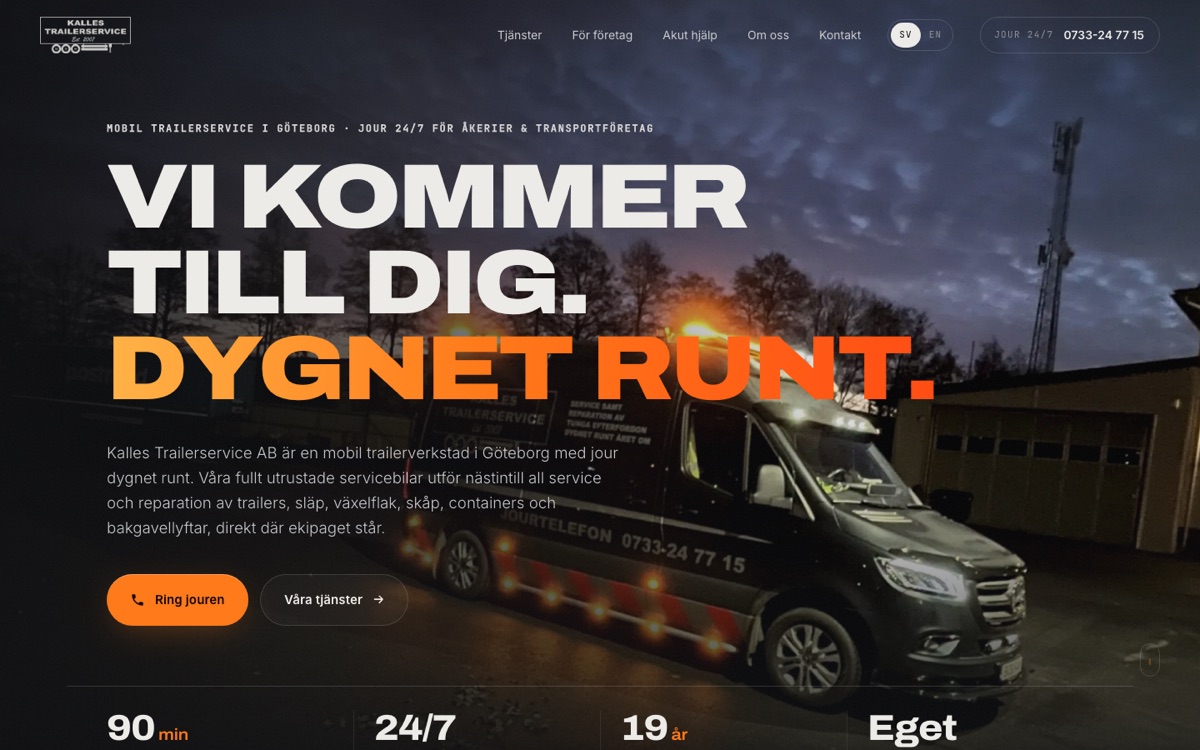 Startsidan för kallestrailerservice.se med servicebil och jourtelefon