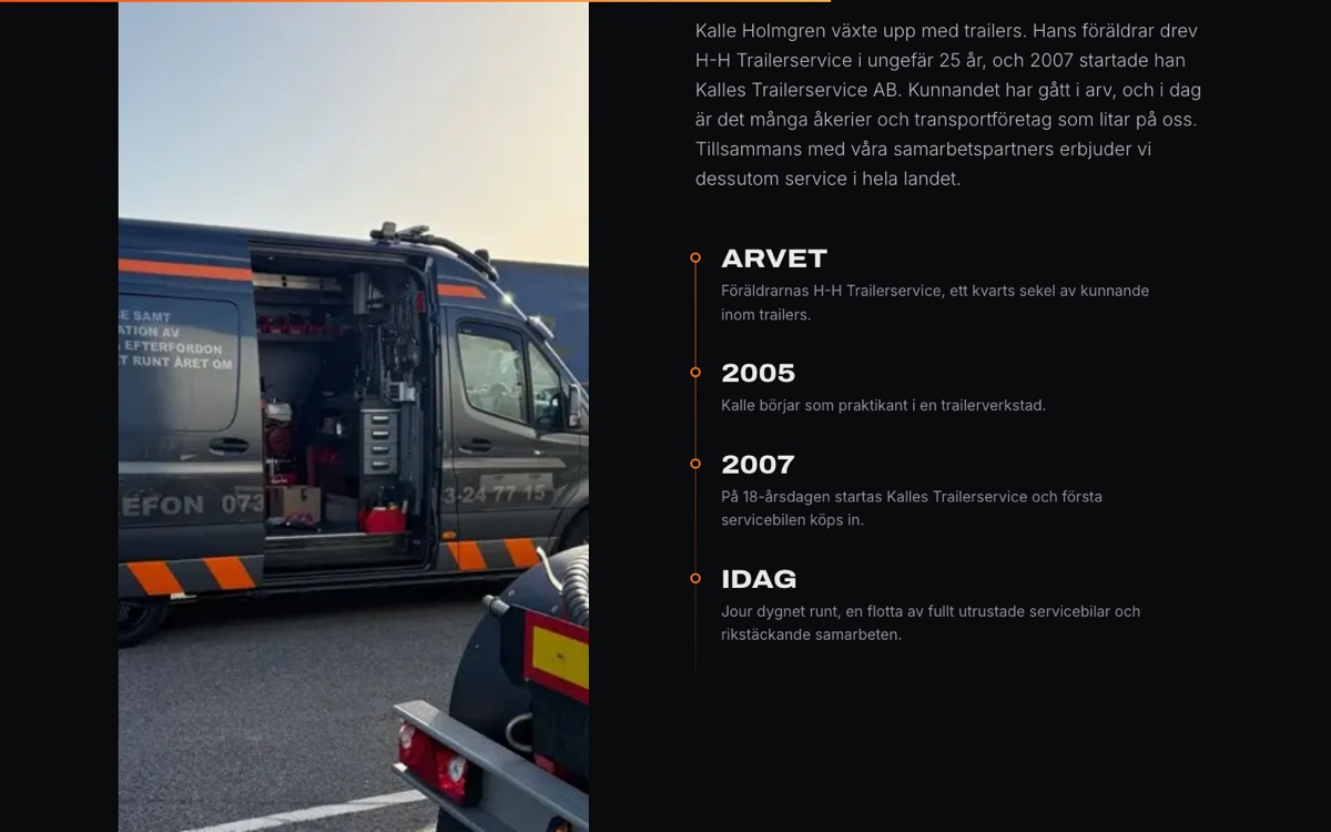 Om Kalle Holmgren och företagets historia på kallestrailerservice.se